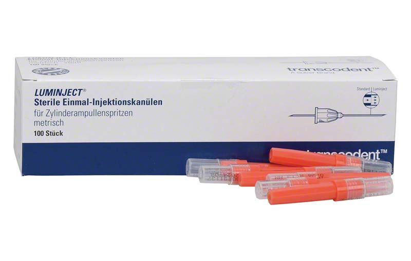 Luminject 33G Einmalkanülen, Verpackung mit orangen Kanülen.