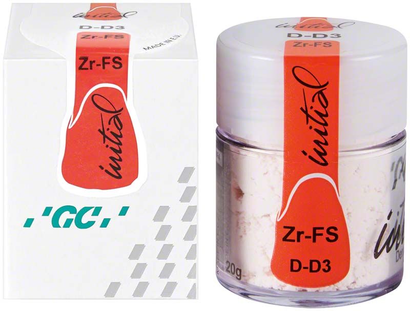 GC Initial Zr-FS Dentin 20g Verpackung und Dose mit Keramikmasse.
