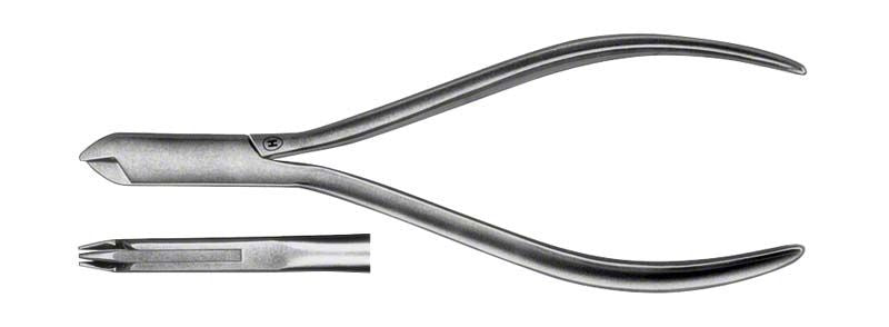 Draht- und Klammerbiegezange aus Edelstahl mit gebogenen Griffen.