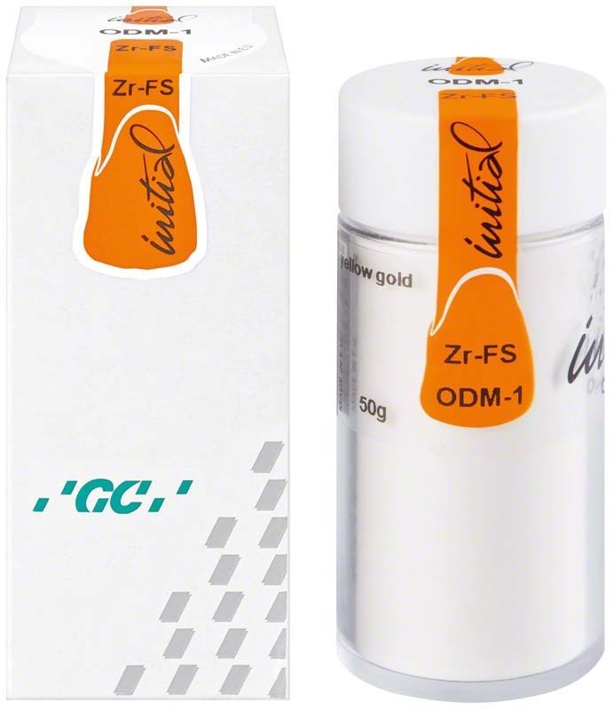 GC Initial Zr-FS Opaque Dentin Modifier 50g Flasche und Verpackung mit orangefarbenem Etikett