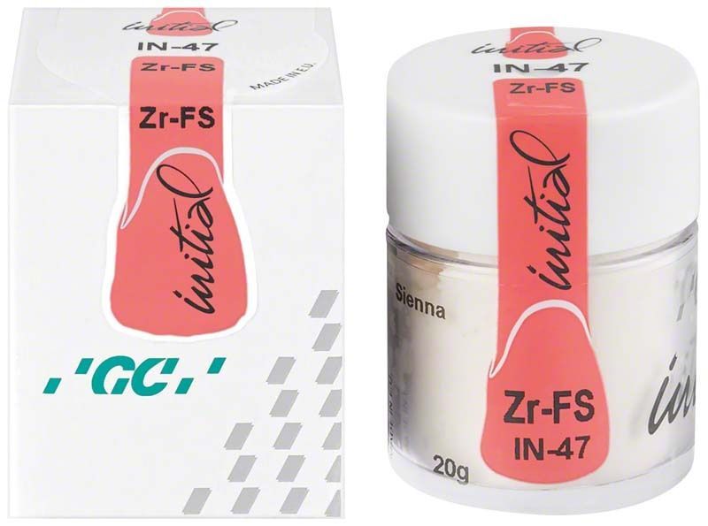 GC Initial Zr-FS IN-47 Sienna Keramikpulver in 20g Dose und Verpackung.