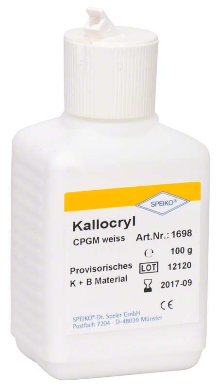 Kallocryl CPGM Pulver weiß 100g Flasche mit Etikett und Dosierkappe