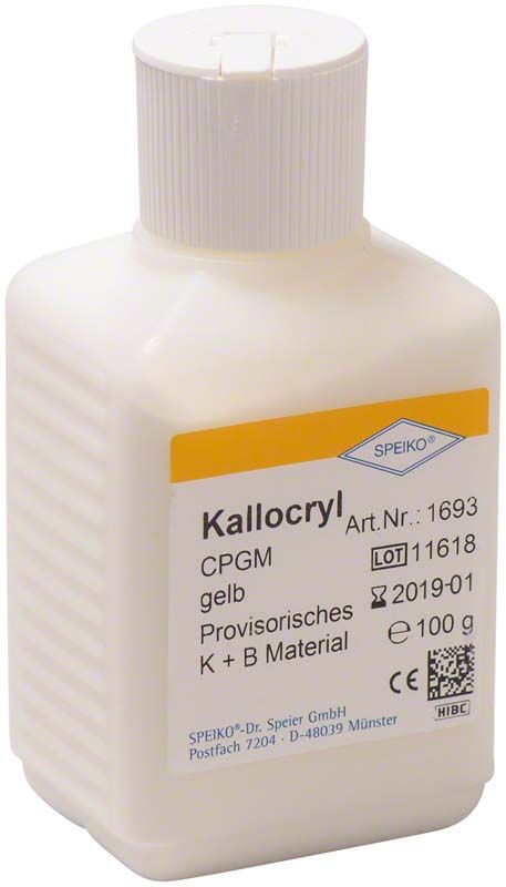 Kallocryl CPGM Pulver gelb in weißer Flasche, 100g, mit Etikett.