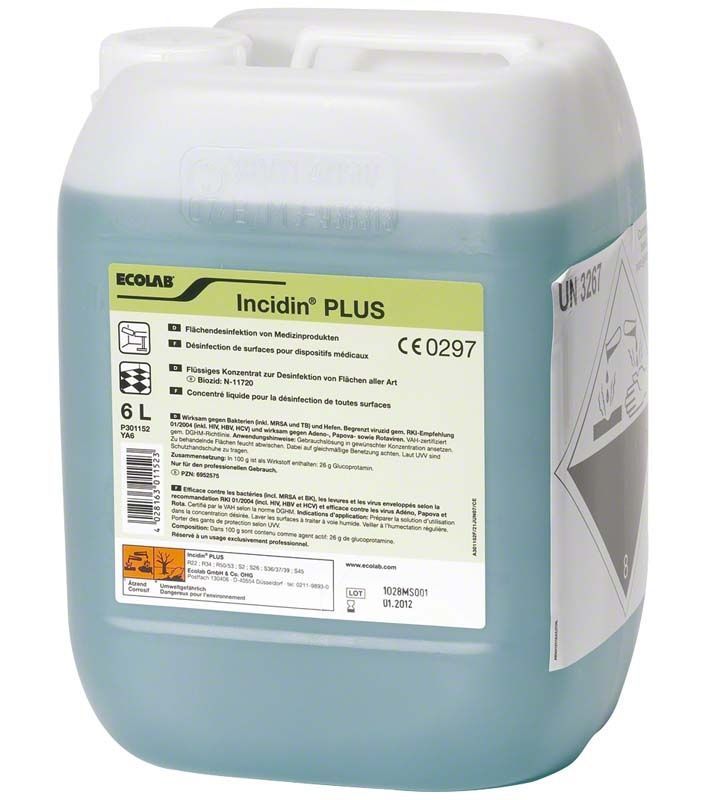Kanister mit 6 Litern Incidin® Plus Desinfektionsmittel von Ecolab.