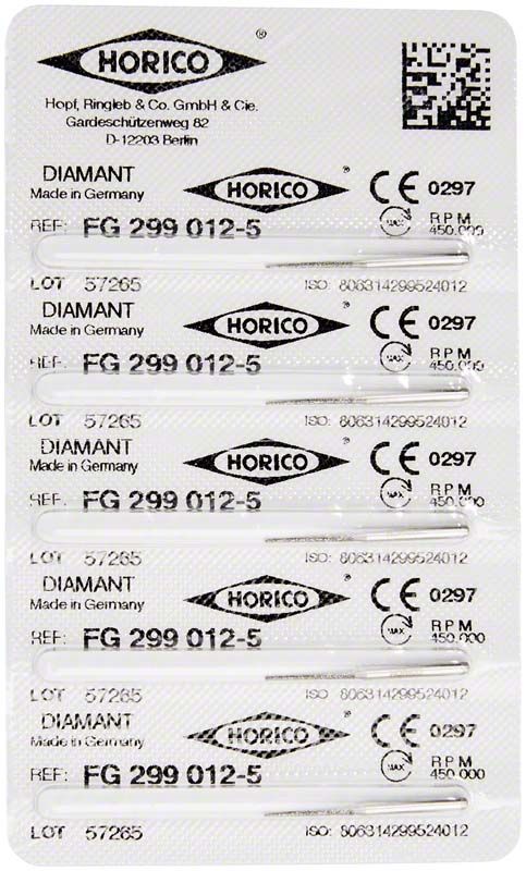 Verpackung mit fünf Diamant-FG 299 012-5 Dentalbohrern von Horico.