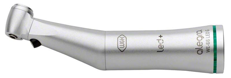 Dentales Alegra Winkelstück Typ WE-66 LED G in silberner Farbe mit grünem Ring.