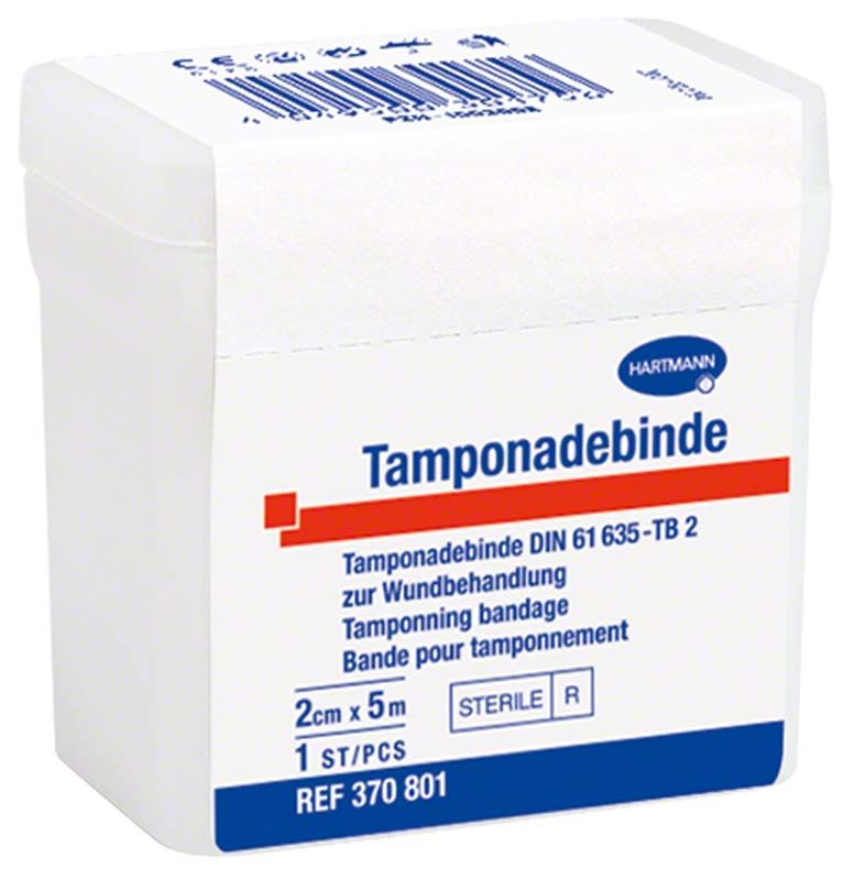 Tamponadebinde in weißer Dose mit Produktinformationen auf der Vorderseite.