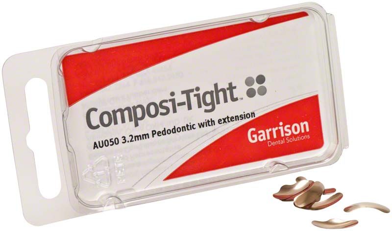 Composi-Tight Gold Matrizen für Kinderzahnmedizin in 3,2 mm Größe mit Verpackung.