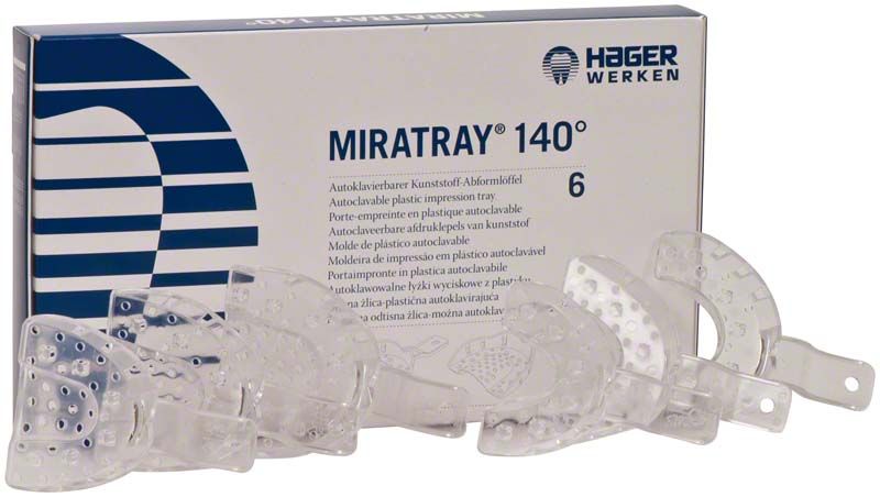 Miratray® 140° Set mit transparenten Abformlöffeln vor Verpackung.