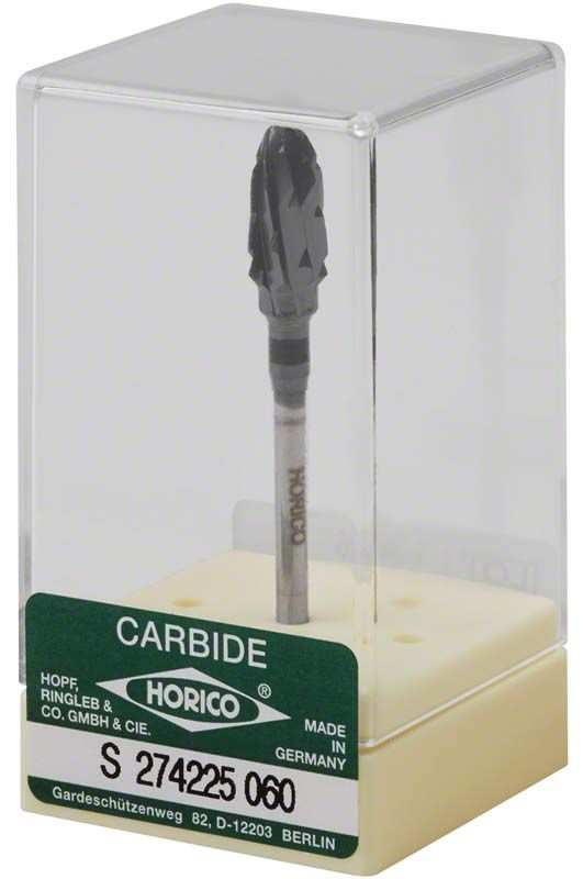 Hartmetallfräser schwarz beschichtet mit Flammenform in transparenter Verpackung.