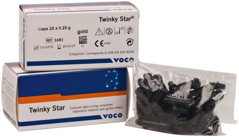 Verpackung der Twinky Star Caps gold mit Glitzereffekt, inklusive Zubehör.