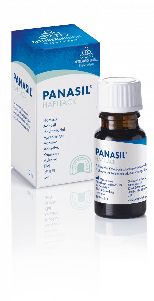 Panasil® Haftlack-Flasche mit Verpackung für dentalen Haftvermittler.
