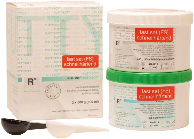 R-SI-LINE Puttysoft FS Abformmaterial, zwei Dosen mit Katalysator und Messlöffel.