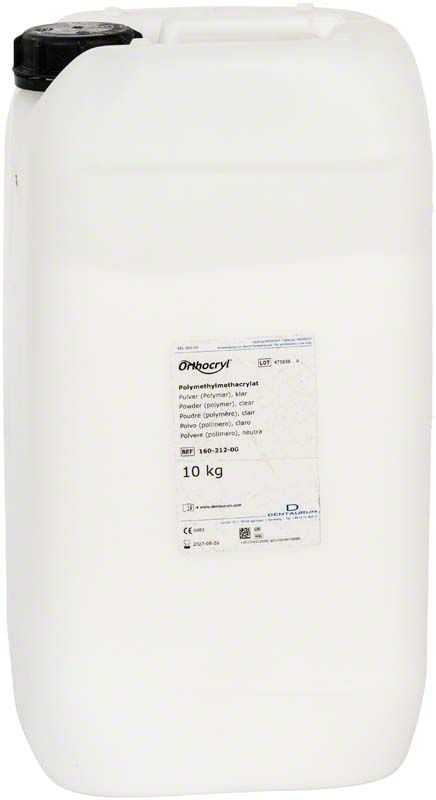 Orthocryl® Pulver, klar 10kg Kanister mit Etikett und schwarzem Deckel.