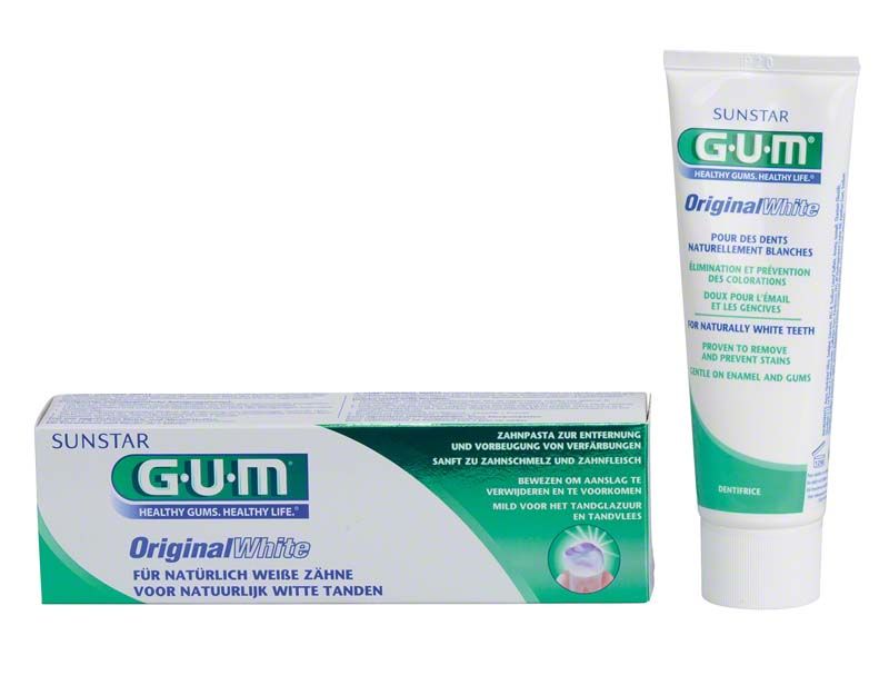 GUM® Original White Zahnpasta Tube und Verpackung auf weißem Hintergrund.