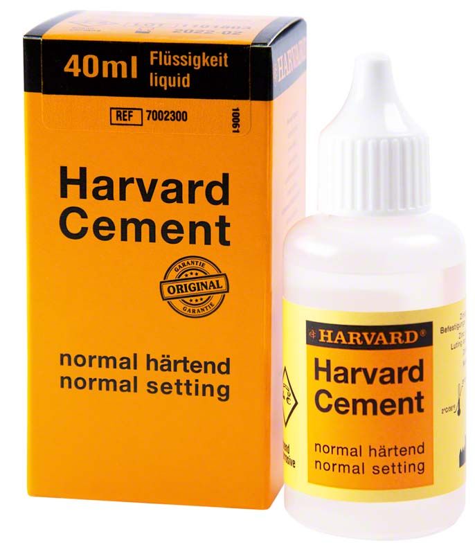 Harvard Cement normalhärtend 40ml Flüssigkeit neben gelber Verpackung.