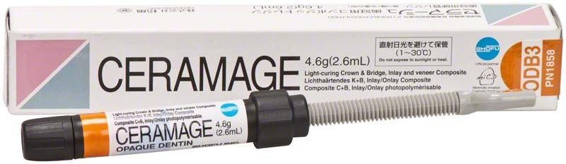 Ceramage Opaque Dentin ODB3 Verpackung und Spritze mit Produktdetails.