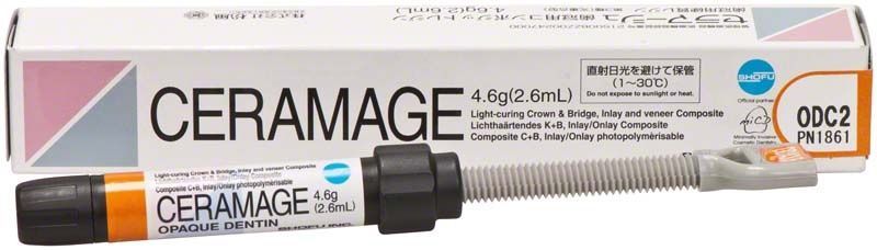 Ceramage Opaque Dentin ODC2 Spritze vor Verpackung mit Produktinformationen.