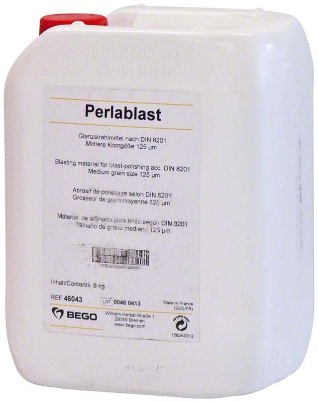 Perlablast 8kg Behälter für dentalen Einsatz mit Natronglasperlen.