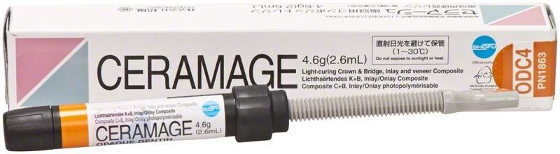 Ceramage Opaque Dentin ODC4 in Spritze mit Verpackung im Hintergrund.