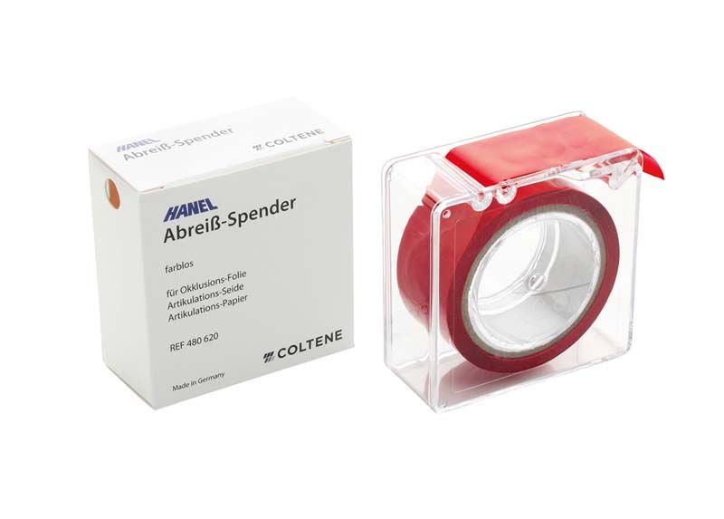 HANEL Folien Dispenser mit Edelstahl-Messer und roter Detailansicht.