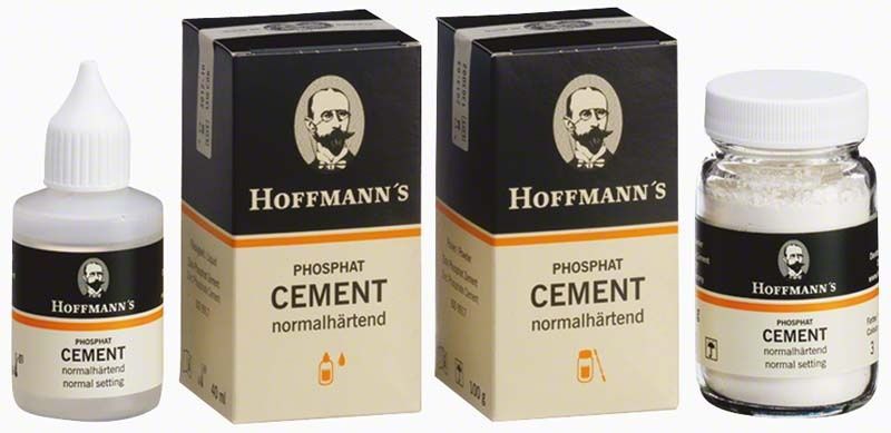 Hoffmanns Phosphat Cement Pulver normalhärtend in Flaschen und Verpackungen.