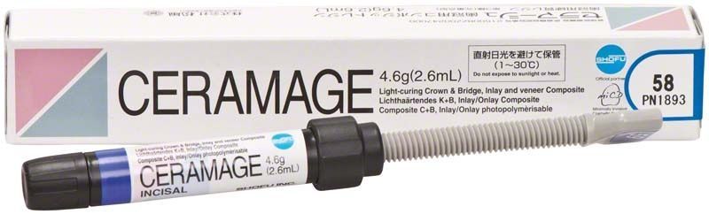 Ceramage Schneide 58 Verblendkunststoff-Spritze mit Verpackung von Shofu Dental.