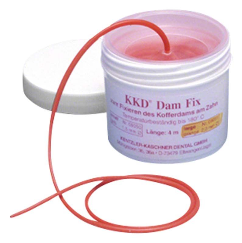 KKD® DamFix orange, Zahnfixierungsmaterial in weißem Behälter mit rotem Schlauch.