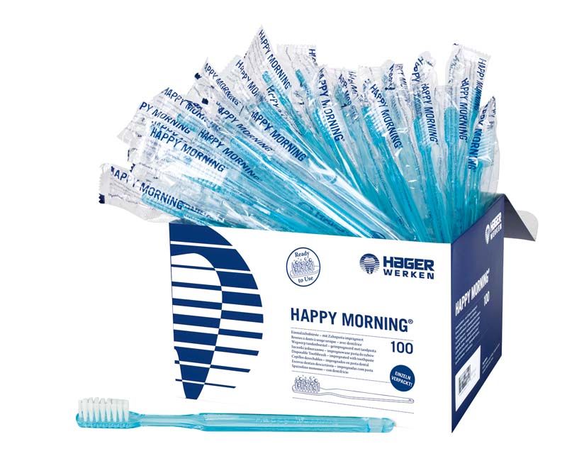 Einwegzahnbürsten Happy Morning® in Spenderbox mit transparentem Griff und Verpackung.