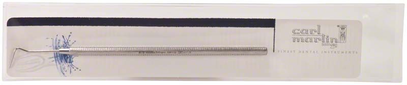 Zahnsonde mit gebogenem, robustem Achtkant-Griff in Verpackung.