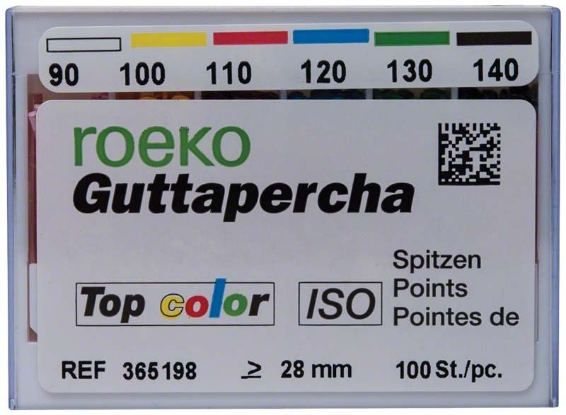 ROEKO Guttapercha-Spitzen in Farbkodierung von Gr. 090-140 im Schiebeschachtel.
