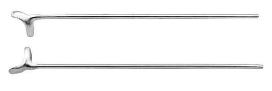 Zwei gerade Edelstahlklammern für den dentalen Einsatz.