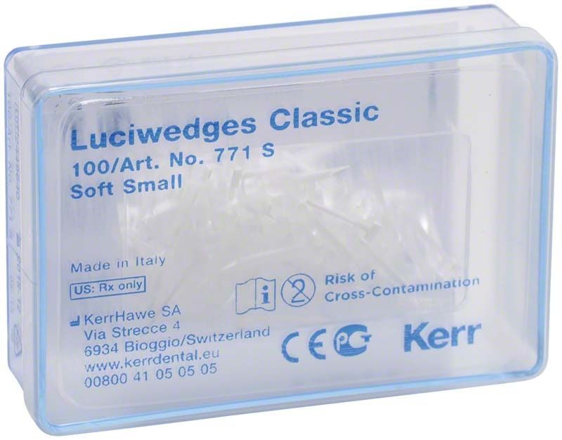 Transparente Verpackung von Luciwedges Classic Soft schmal mit Kerr-Logo.