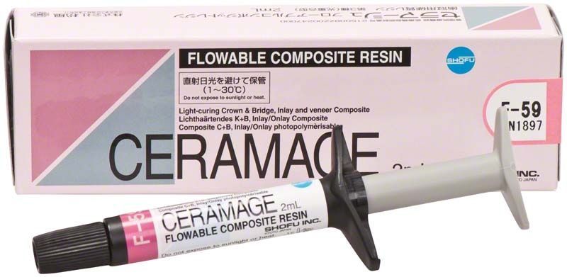 Ceramage Flowable Composite F-59 in Spritze vor Verpackung.
