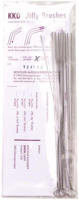 Absaugkanülen-Reinigungsbürsten-Set aus Edelstahl mit Nylonborsten in Verpackung.