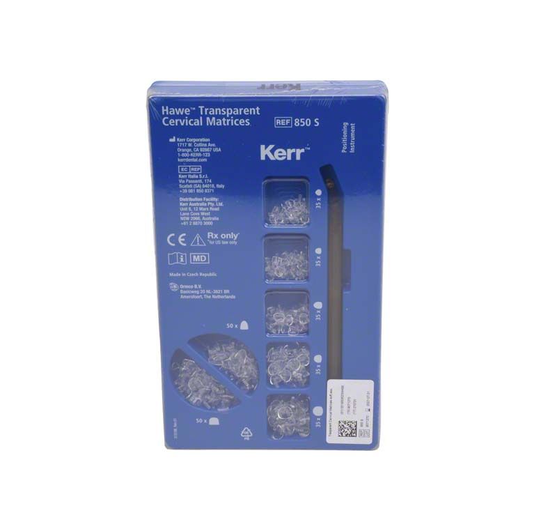 Hawe Zervikalfolien transparent Sortiment Verpackung mit Kerr-Logo, Produktbeschreibung und Matrizenansicht.