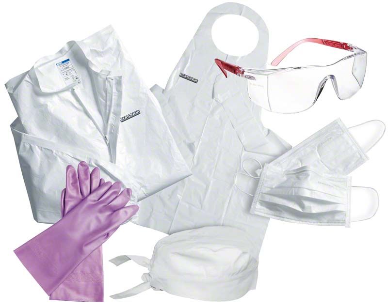 Monoart Infection-Control-Kit mit Schürzen, Mundschutz, Schutzbrillen und rosa Handschuhen.