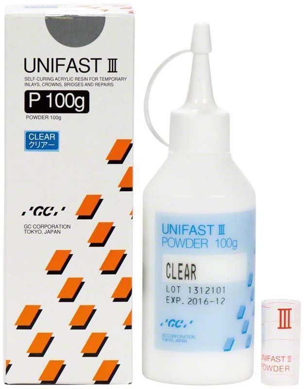 Unifast III Pulverflasche 100g mit Verpackung, klar, für dentalen Gebrauch.