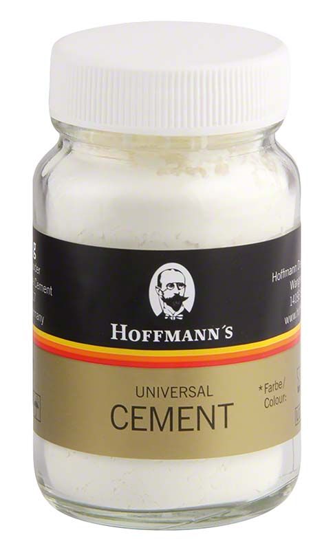 Hoffmann's Universal Cement FB08 in Glasbehälter mit weißem Schraubverschluss.