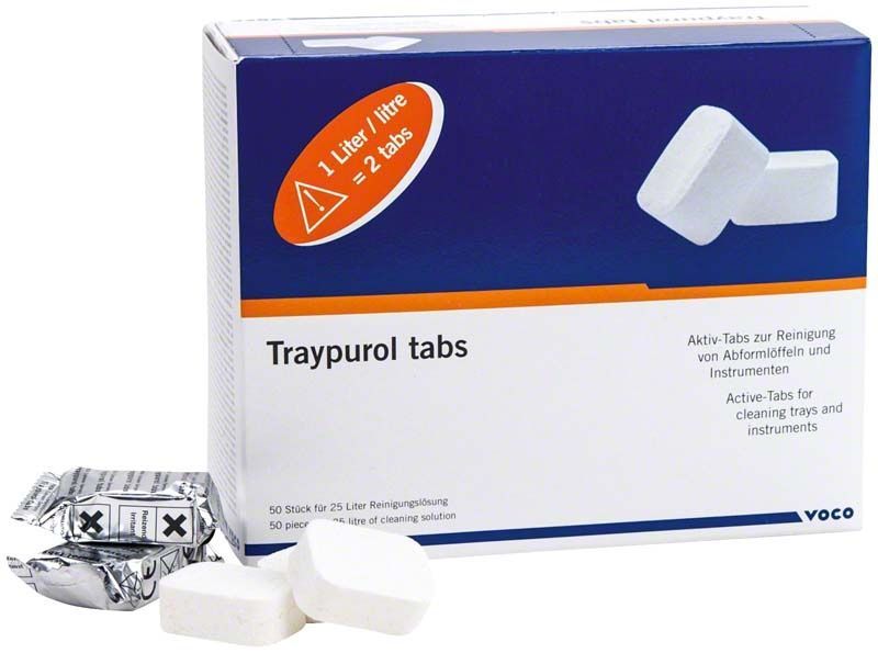 Kartonschachtel mit Traypurol® Tabs für die Desinfektion zahnmedizinischer Instrumente.