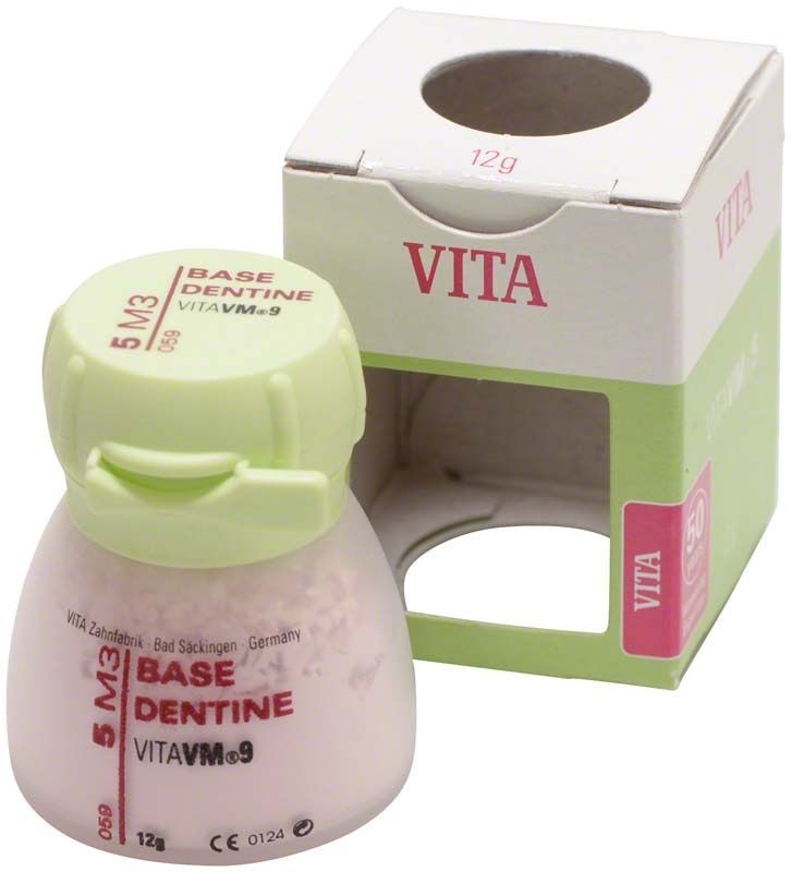 VM9 3D Base Dentin 12g 5M3 in Verpackung mit grünem Deckel.