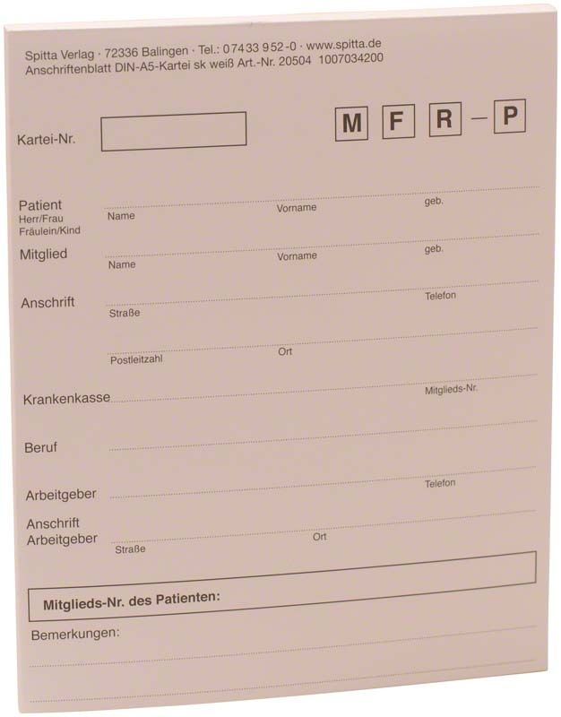 Anschriftenblatt A5 für Zahnarztpraxen mit Formularfeldern für Patientendaten.
