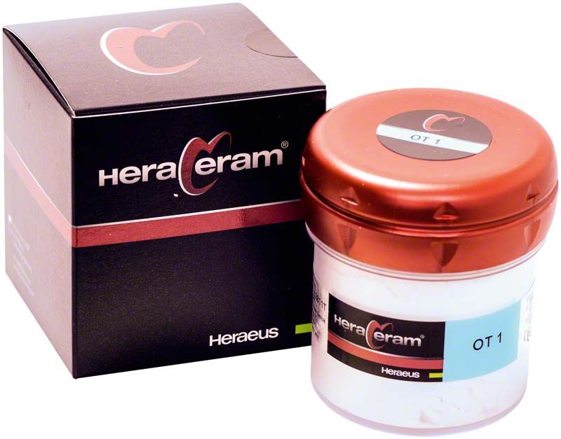 HeraCeram® Opal Transpa 100g OT1 in roter Dose neben Verpackung.
