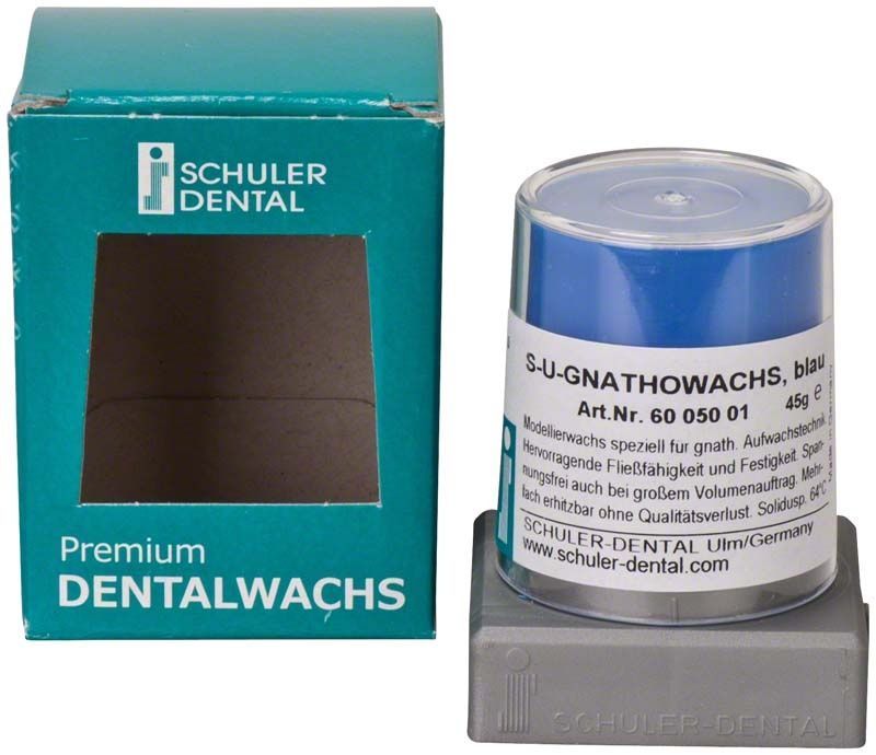 Premium Dentalwachs S-U-Gnathowachs blau in Verpackung mit Sichtfenster.