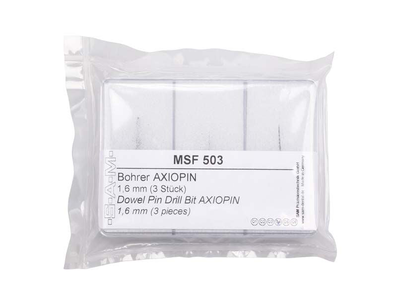 Bohrer Axiopin 1,6mm im transparenten Kunststoffetui, geeignet für Dentaltechnik.