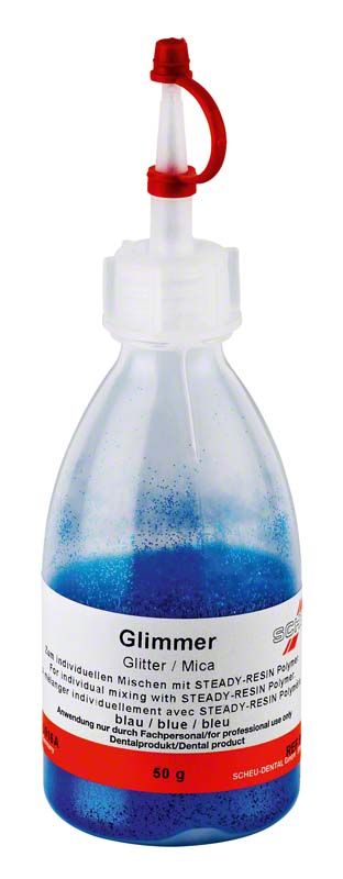 Glimmer blau in transparenter Flasche mit rotem Verschluss, 50 g.