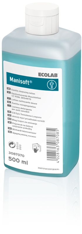 Manisoft™ Waschlotion Flasche 500ml mit Etikett und Logo.