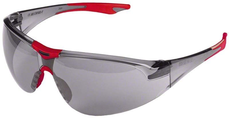 Anti-Fog Patienten-Schutzbrille mit rauchgrauen Gläsern und roten Akzenten.