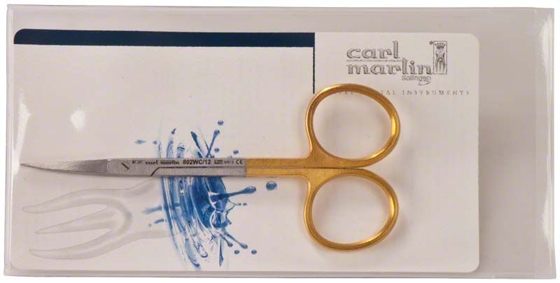 Zahnfleischschere mit Hartmetalleinlage Figur 802WC, gebogen, in Verpackung.