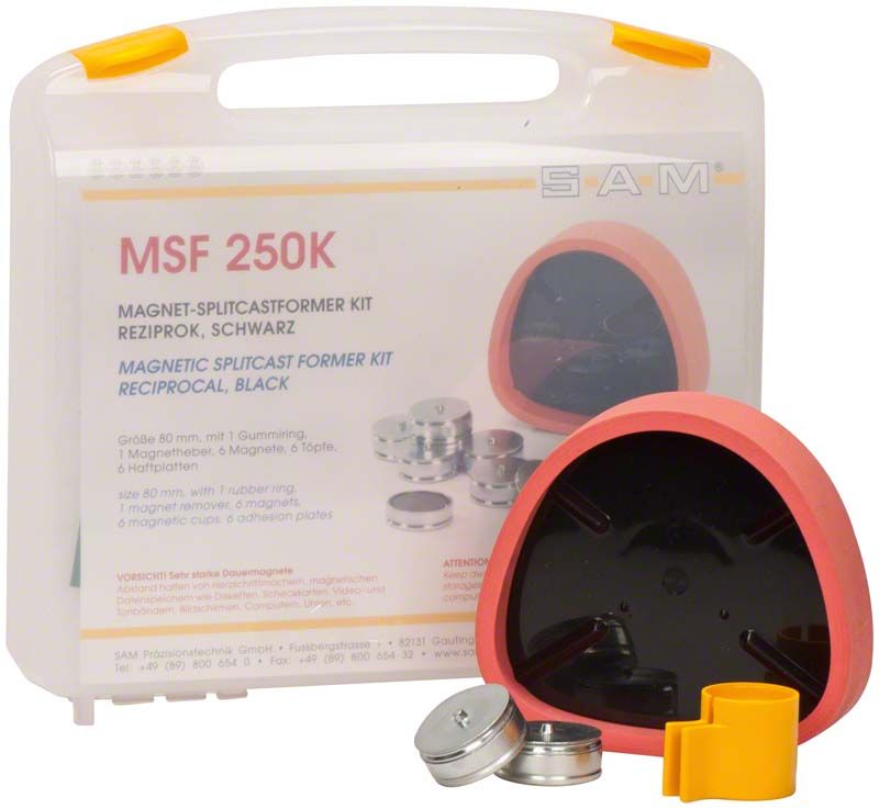 Magnet-Splitcastformer Kit in schwarzer Farbe mit Zubehör und Verpackung.